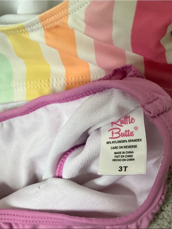 Ruffle Butts Rainbow Stripe Swimsuit with Pink Trim - Picture 2 of 3